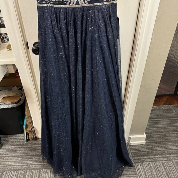 SAY YES TO THE PROM Navy Glitter Sheer Spaghetti Strap Sweetheart Neckline - Picture 6 of 10